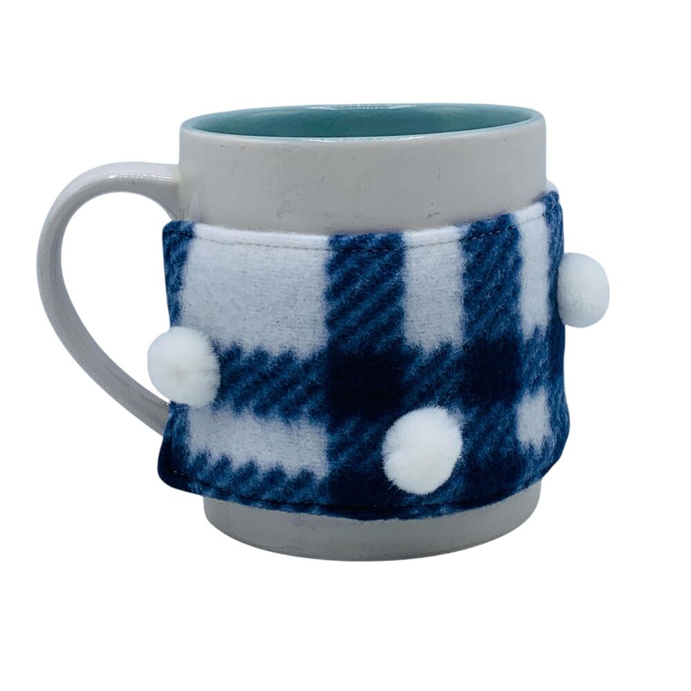 Handmade Mug Cozy, Plaid Fleece Blue White Poms, Cup Cozy, Stocking Stuffer